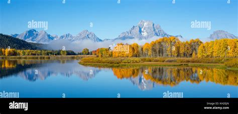 Grand Teton National Park Panorama From Oxbow Bend With Fall Color