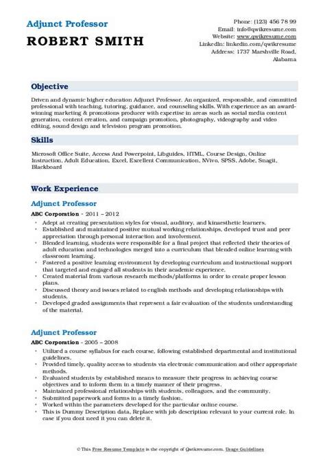 The curriculum vitae, also known as a cv or vita, is a comprehensive statement of your educational background, teaching, and research experience. Adjunct Professor Resume Samples | QwikResume
