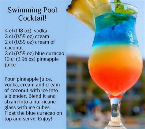 Add the vodka, the cream, the coconut cream and the pineapple juice. Swimming Pool Cocktail 1 centiliter (cl)=1/3 ounce ...