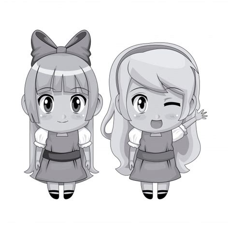 Monochrome Full Body Couple Cute Anime Girl Facial Wink