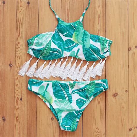 Swimwear Women 2017 Leaf Tassel Bikini Set Sexy High Neck Bandeau