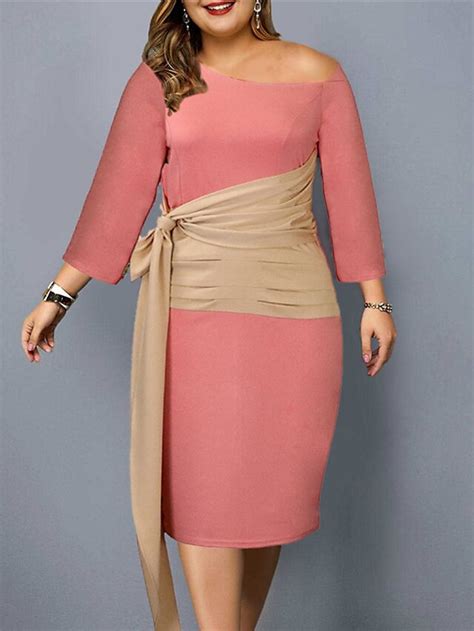 Women S Plus Size Work Dress Solid Color V Neck 3 4 Length Sleeve Spring Fall Work Elegant