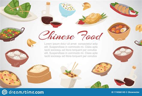 Chinese Food Asian Street And Restaurant Cuisine Dishes Banner Cartoon