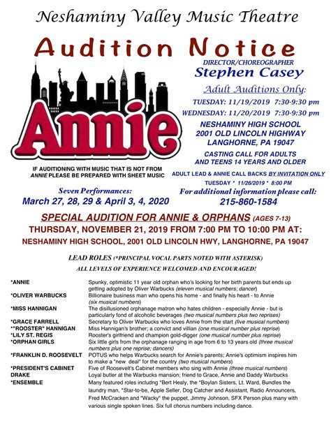 Annie Auditions Neshaminy Valley Music Theatre