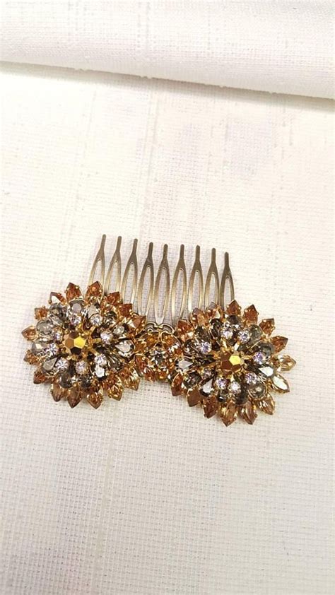 Ooak Vintage Citrinetopaz Color Rhinestone Hair Comb Bronze Etsy