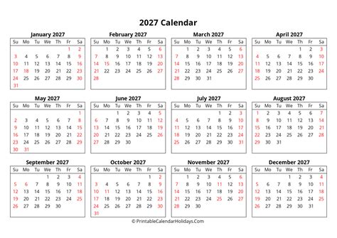 Free Printable Calendar 2027 Word Pdf Excel