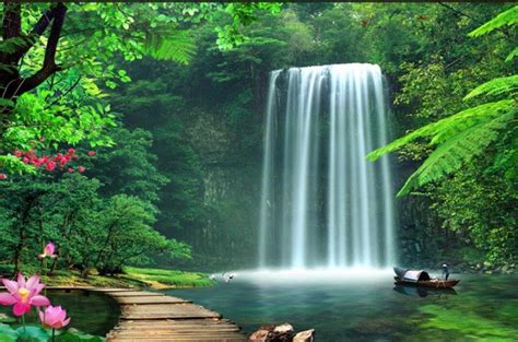 3d Oriental Forest Lake With Waterfall Design Wallpaper