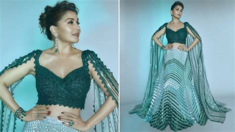 Madhuri Dixit Looks Drop Dead Gorgeous In Exquisite Emerald Green Fusion Lehenga As She Gets