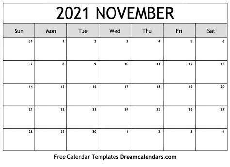 Printable November 2021 Calendar Page Calendar 2021