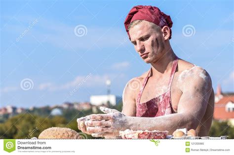 Man With Muscular Torso Works As Chef Cook Man Muscular Baker Or Cook Covered With Flour