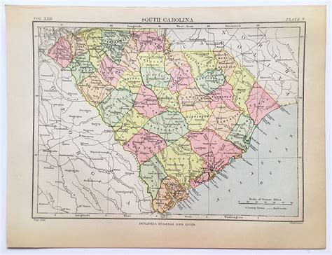 Antique State Map Of South Carolina Usa Encyclopedia Etsy