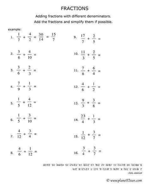Fractions With Different Denominators Worksheet And Mixed Numbers