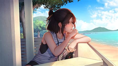 Hd Wallpaper Brown Hair Woman Illustration Anime Anime Girls Beach Summer Wallpaper Flare