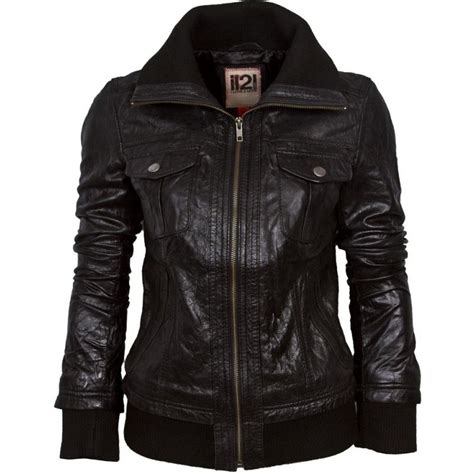 Il2l Womens Leather Bomber Jacket With A Deep Knitted Collar Leather