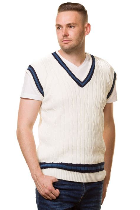 Mens Cricket Jumper V Neck Sleeveless Casual Wear Cable Knitted Tank