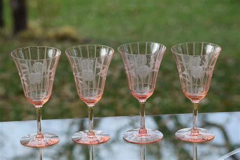 Vintage Etched Pink Optic Glass Wine Glasses Set Of 4 Vintage Pink Depression Etched Wine
