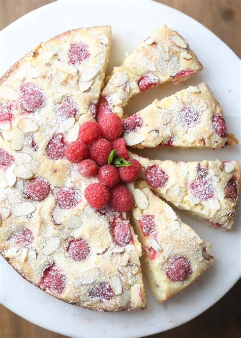 Sliced Almond Raspberry Coffee Cake On A Cake Platter Raspberry