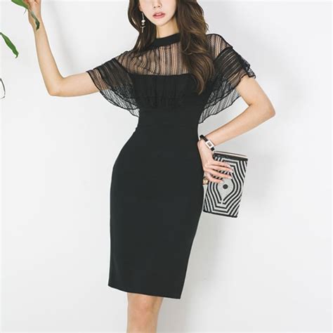 2018 New Elegant Black Lace Batwing Sleeve Slim Club Formal Party Dress Bodycon Pencil Dress