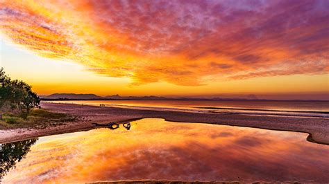 Download Sunset Beach Sky Reflections Clouds Nature Skyline