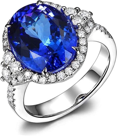 Dreamdge Women Eternity Ring 18k White Gold Oval Ring Blue Tanzanite