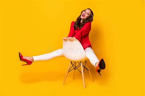 Full Length Photo Of Attractive Business Lady Sit Cosy Chair Between Legs Cheerful Playful Mood