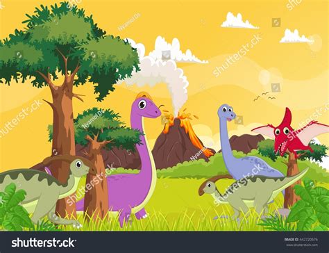 Cute Cartoon Dinosaur Volcano Background Stock Vector Royalty Free