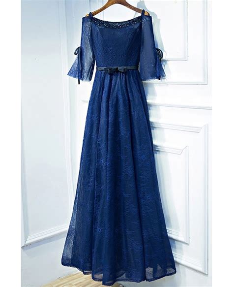 Beautiful Navy Blue Lace Long Formal Prom Dress With Sleeves Myx18083