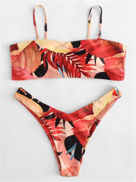 Leaf Print High Leg Bikini Set Bikinis Swimsuits Swimwear