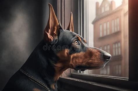 Doberman Pinscher Sitting On Windowsill Looking Out At The View Stock