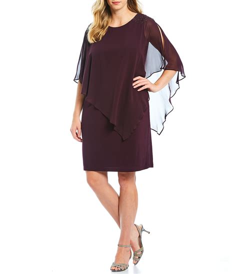 ignite evenings plus size round neck short sleeve chiffon asymmetric overlay beaded shoulder