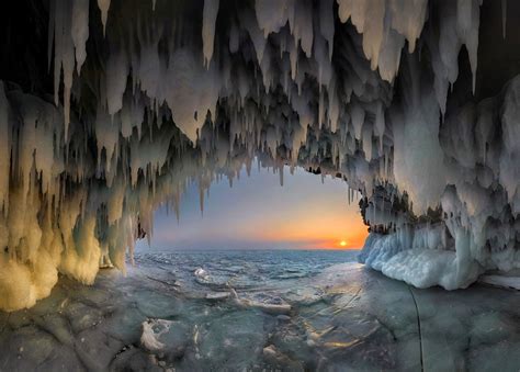 Nature Landscape Cave Ice Stalactites Lake Sunset Cold Frost Winter Wallpapers Hd