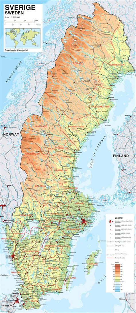 Large Detailed Physical Map Of Sweden With All Roads Villages And