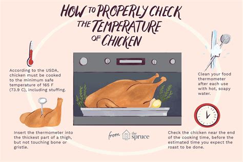 Test the temperature in the thigh area, near the breast, or the thickest part of the chicken. Chicken Roasting Time and Temperature Guide
