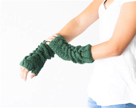 Long Cable Green Fingerless Gloves Hand Knit Mittens Arm Warmers Women