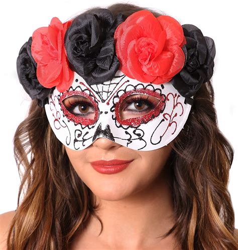 I Love Fancy Dress Ltd Day Of The Dead Mask With Black And Red Rose Details Mexican Masquerade