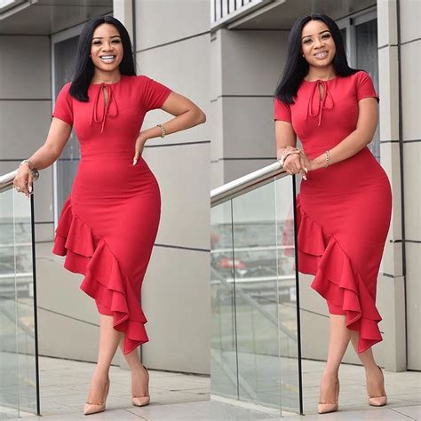 Md African Women Bodycon Sexy Dresses Ruffle Midi Red Dress South Africa Office Ladies Dress