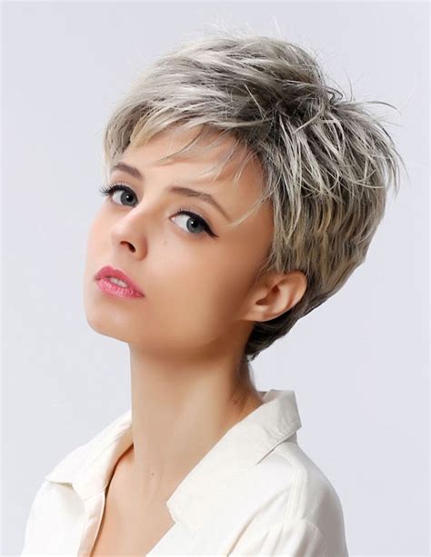Short Straight Ladies Grey Hair Wig With Pixie Cut
