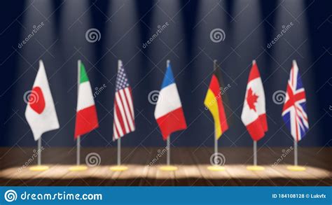 The us has been cutting taxes for corpos and not investing in the country itself. G7 Summit Or Meeting Concept. Row From Flags Of Members Of ...