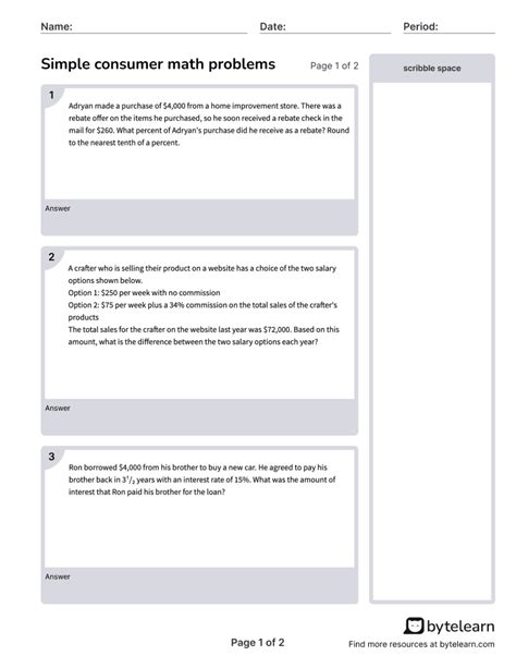 Consumer math problems (level 2 word problems) worksheets [pdf] (7.rp.a