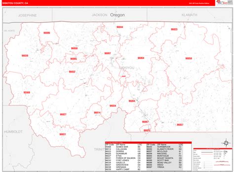 Siskiyou County Ca Zip Code Wall Map Red Line Style By Marketmaps
