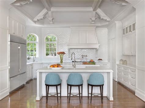 Blue Linen Curved Counter Stools At White Center Island Transitional
