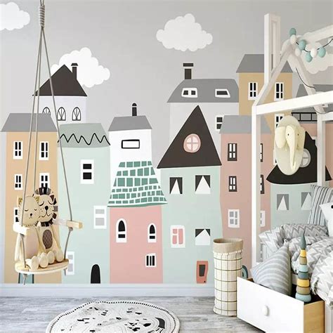 Custom Size Mural Wallpaper For Kids Room Small Houses