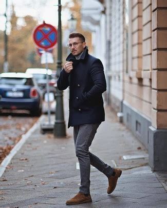 Both leather and suede chelsea boots can be worn for casual looks, though suede gives off a more relaxed vibe. Men's Navy Pea Coat, Grey Turtleneck, Grey Jeans, Brown ...