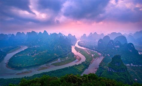 Landscape River Nature Mountain China Sunset Forest Clouds Town