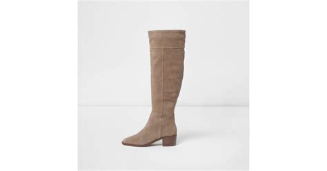 River Island Beige Suede Studded Knee High Suede Boots In Natural Lyst UK