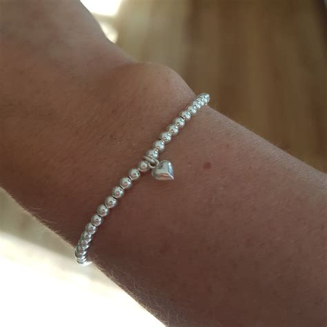 Sterling Silver Stretch Bead Bracelet With Tiny Heart Simple 3mm Silver