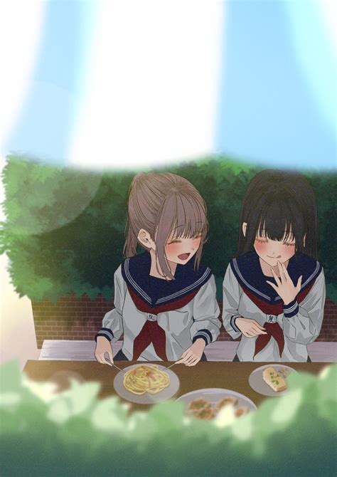 safebooru 2girls absurdres arisugawa bii black hair blue sailor collar blurry blurry