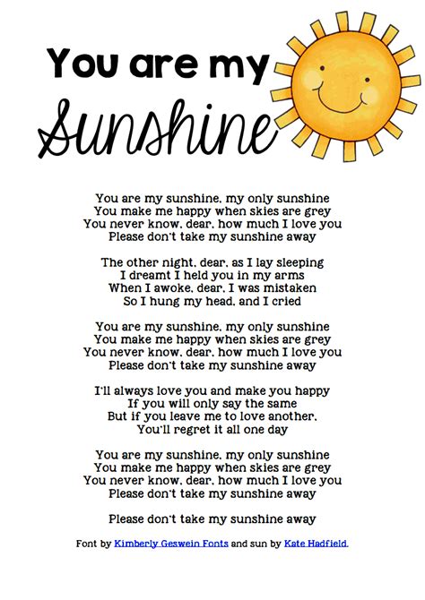 You are my Sunshine Lyrics freebie.pdf - Google Drive | Kindergarten ...