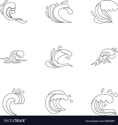 Ocean Waves Icons Set Outline Style Royalty Free Vector