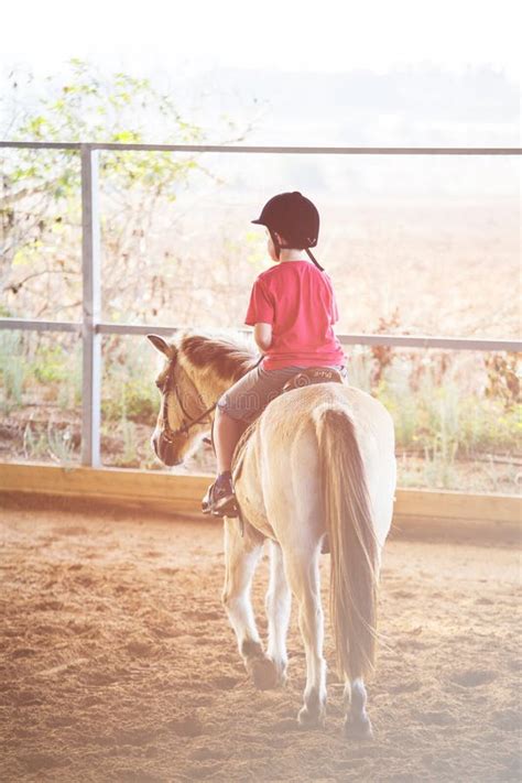 A Little Boy Riding A Horse First Lessons Of Horseback Riding Stock